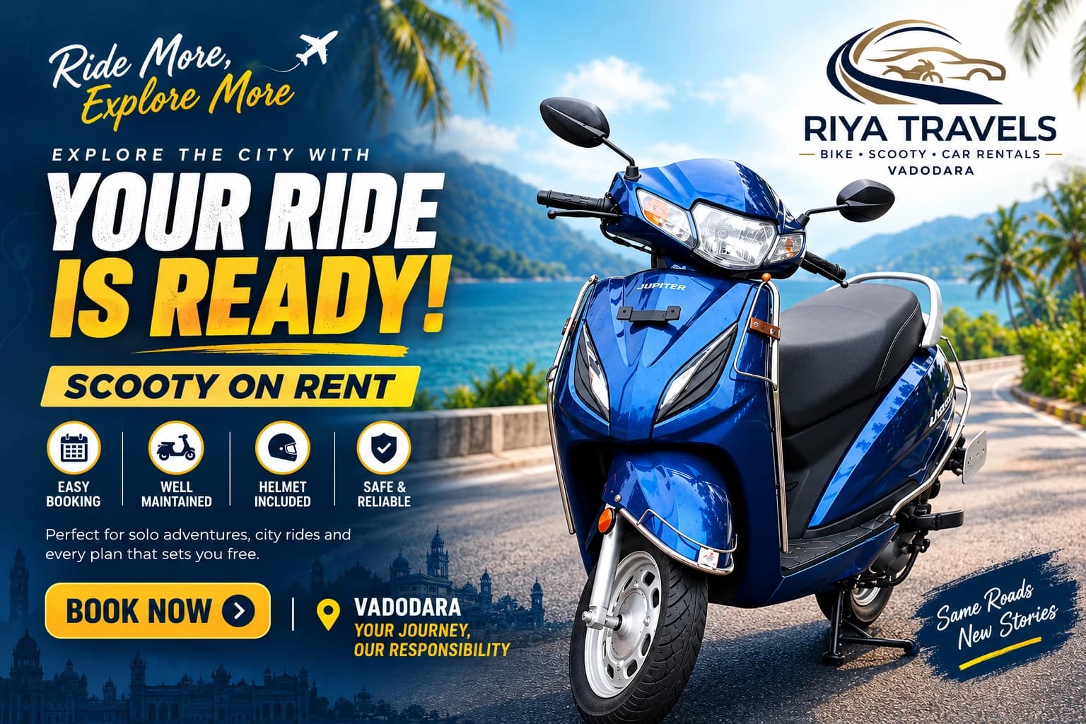 A mix of scooters, bikes and cars from the Riya Travels fleet